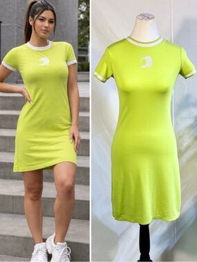 Flywaves Neon Chartreuse Wave Logo Ringer Tee Dress Sporty Streetwear Sz S💚